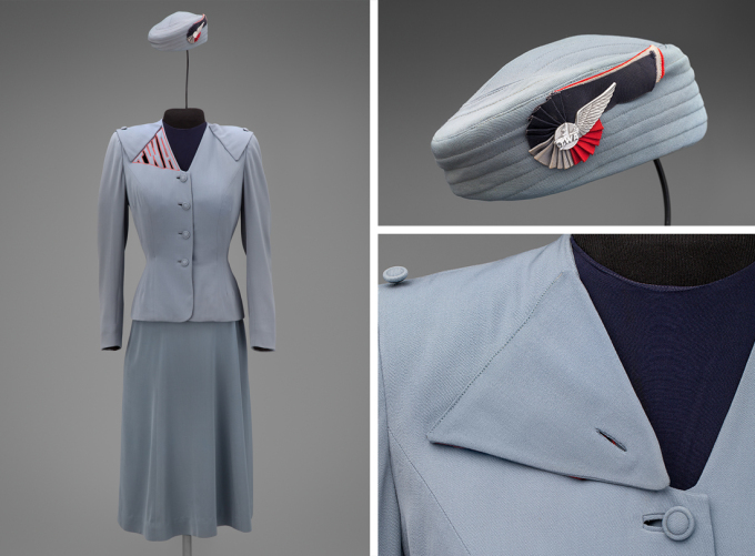 Transcontinental & Western Air hostess uniform by Howard Greer, 1944